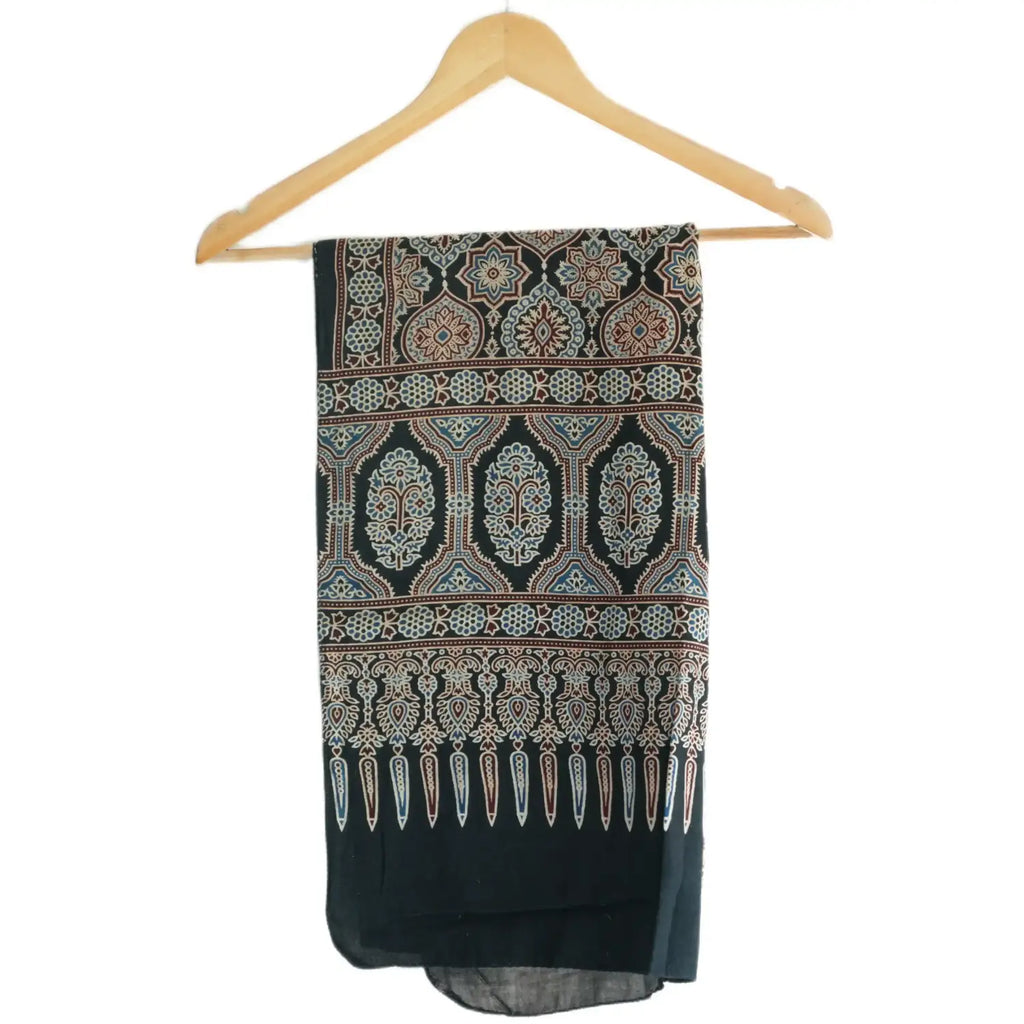 Ajrakh Hand Block Print Black Color Viscose Stole | Traditional Geometric Print | L220 X W55 cm