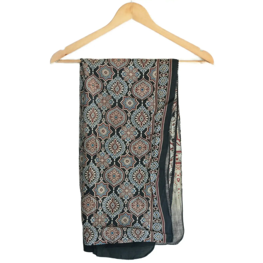 Ajrakh Hand Block Print Black Color Viscose Stole | Traditional Geometric Print | L220 X W55 cm