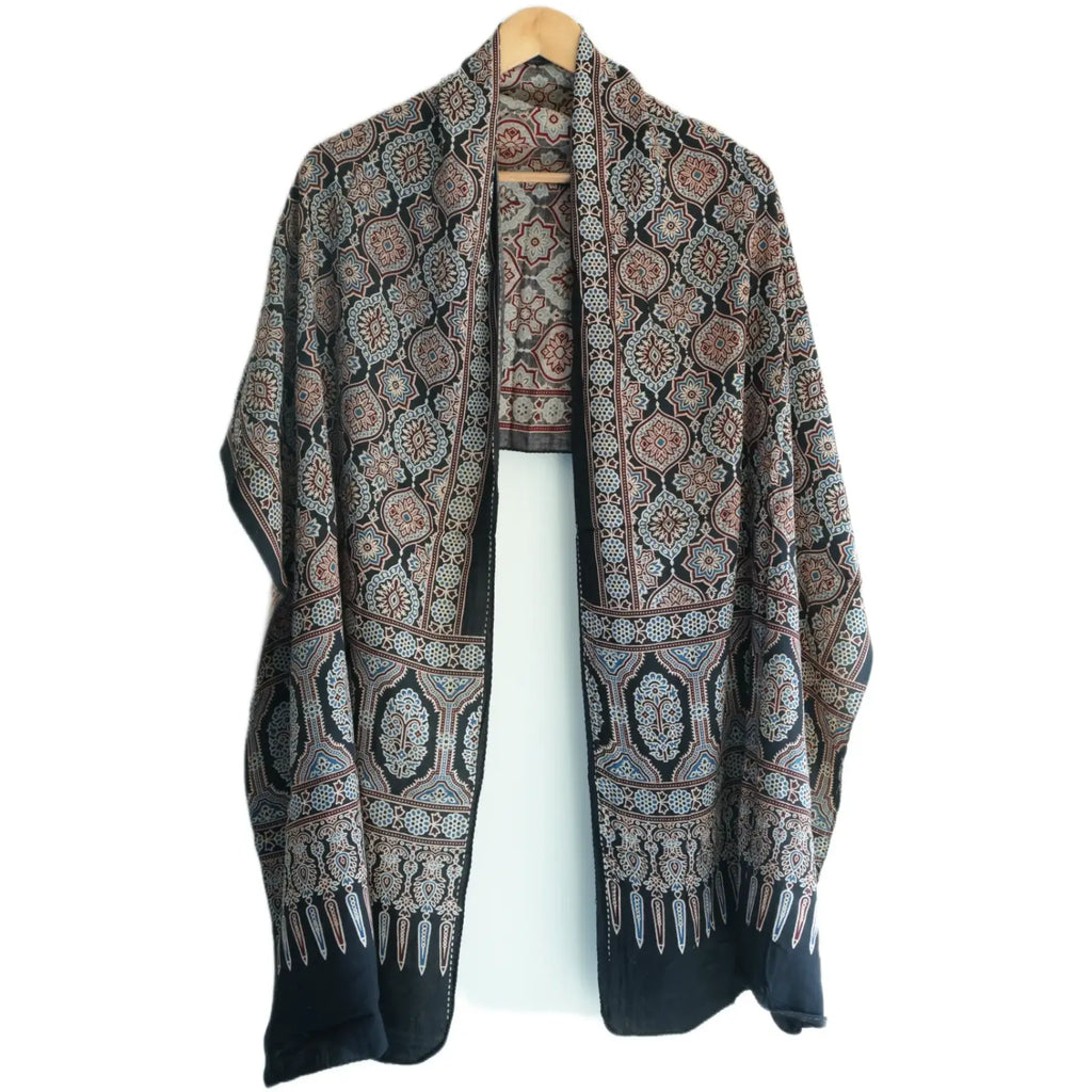Ajrakh Hand Block Print Black Color Viscose Stole | Traditional Geometric Print | L220 X W55 cm