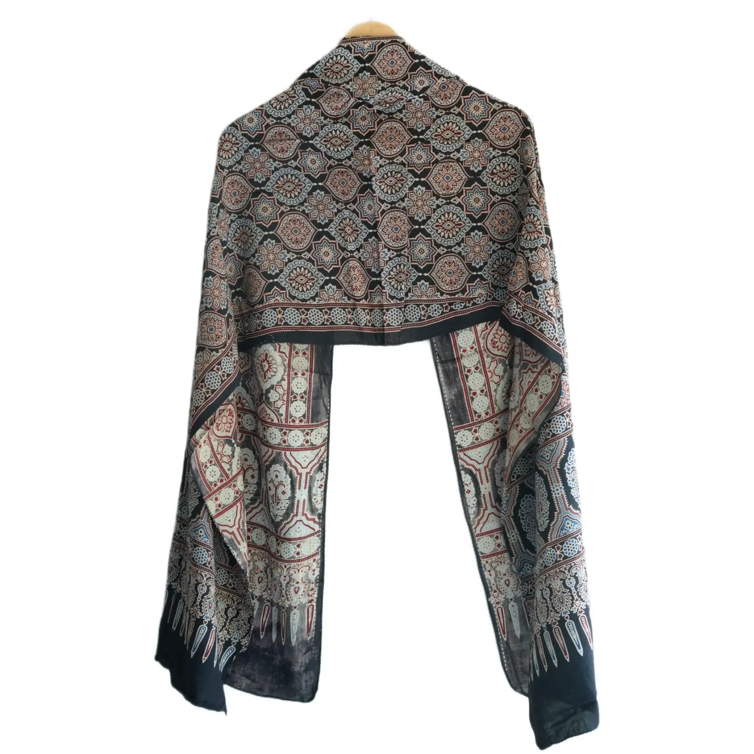 Ajrakh Hand Block Print Black Color Viscose Stole | Traditional Geometric Print | L220 X W55 cm