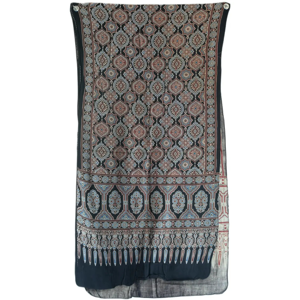 Ajrakh Hand Block Print Black Color Viscose Stole | Traditional Geometric Print | L220 X W55 cm