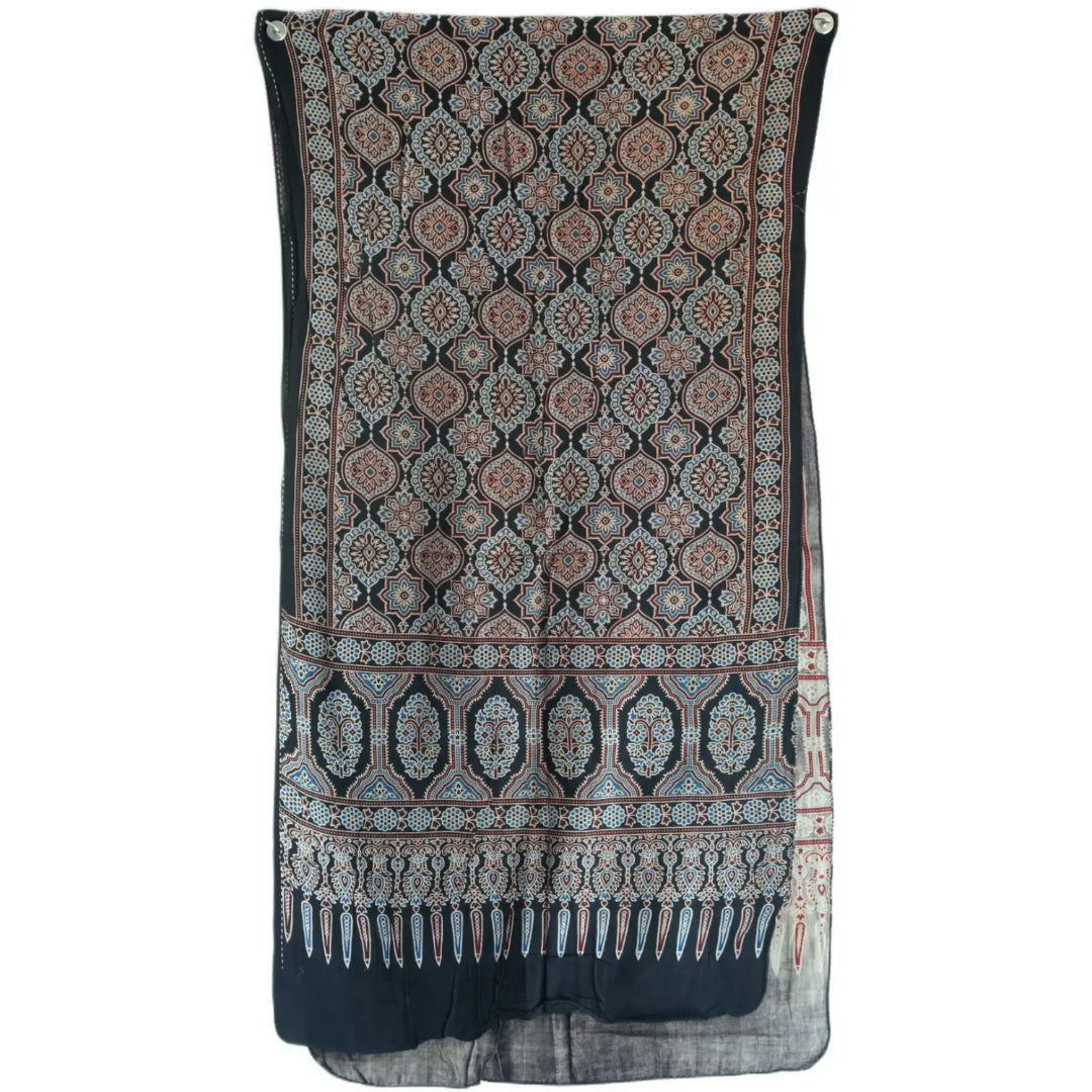 Ajrakh Hand Block Print Black Color Viscose Stole | Traditional Geometric Print | L220 X W55 cm