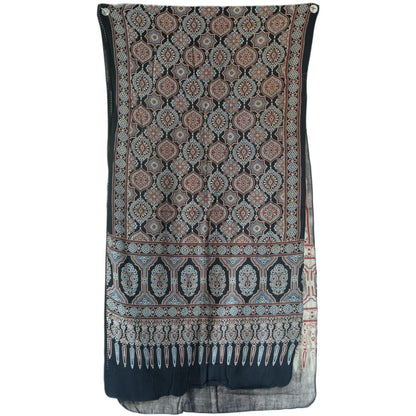 Ajrakh Hand Block Print Black Color Viscose Stole | Traditional Geometric Print | L220 X W55 cm