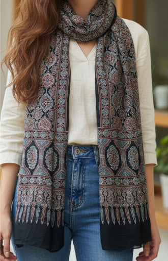 Ajrakh Hand Block Print Black Color Viscose Stole | Traditional Geometric Print | L220 X W55 cm