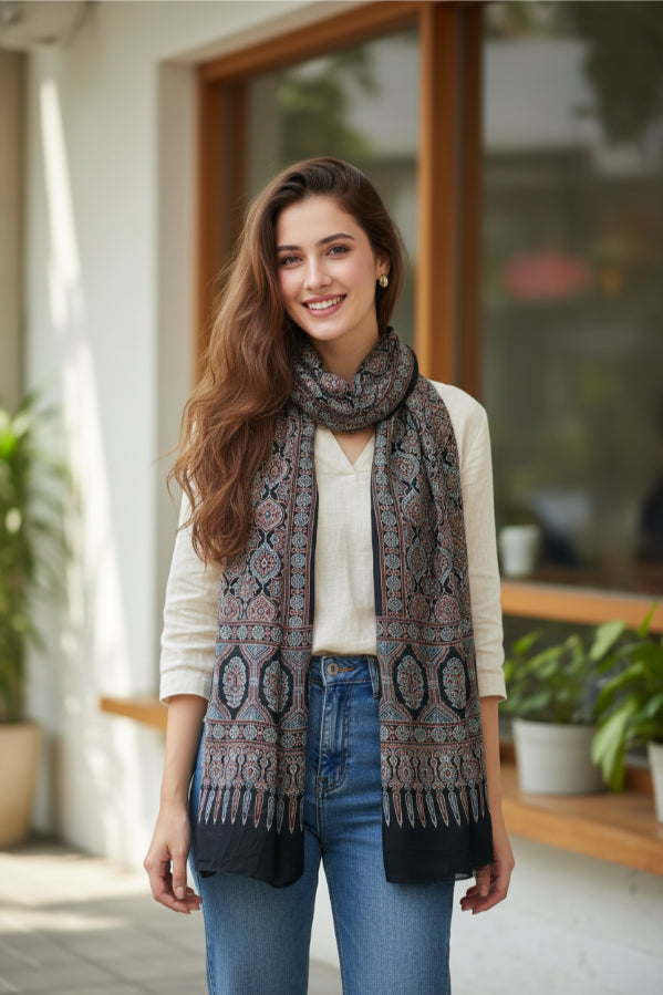 Ajrakh Hand Block Print Black Color Viscose Stole | Traditional Geometric Print | L220 X W55 cm