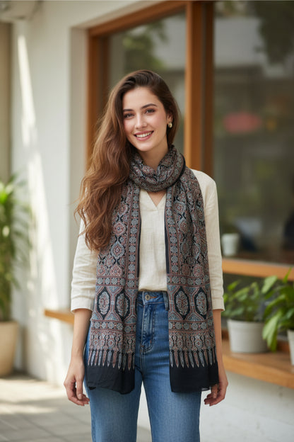 Ajrakh Hand Block Print Black Color Viscose Stole | Traditional Geometric Print | L220 X W55 cm