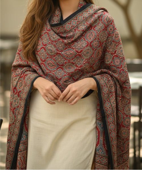 Ajrakh Hand Block Print Red Color Viscose Stole | Traditional Geometric Print | L220 X W55 cm