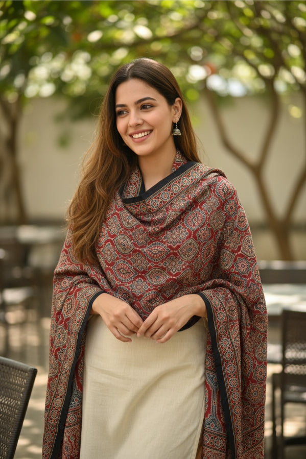 Ajrakh Hand Block Print Red Color Viscose Stole | Traditional Geometric Print | L220 X W55 cm