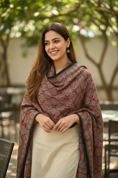 Ajrakh Hand Block Print Red Color Viscose Stole | Traditional Geometric Print | L220 X W55 cm