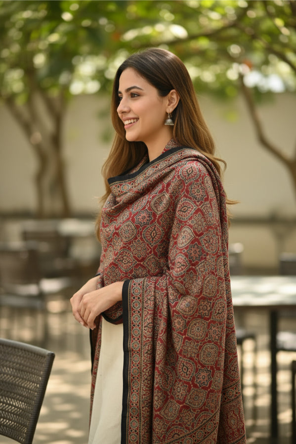 Ajrakh Hand Block Print Red Color Viscose Stole | Traditional Geometric Print | L220 X W55 cm