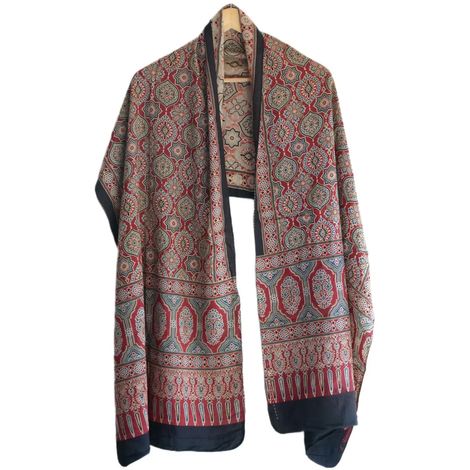 Ajrakh Hand Block Print Red Color Viscose Stole | Traditional Geometric Print | L220 X W55 cm