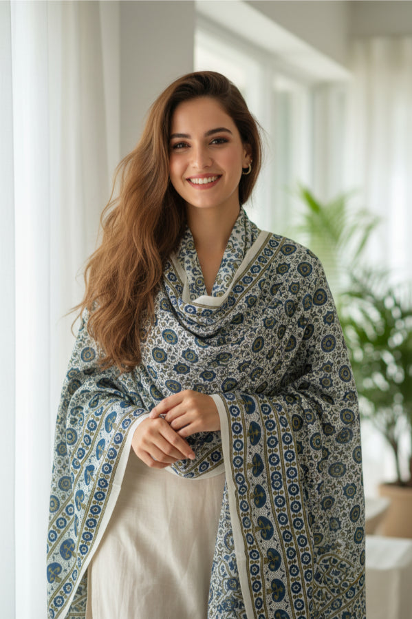 Ajrakh Hand Block Print Grey Color Viscose Stole | Traditional Geometric Print | L220 X W55 cm