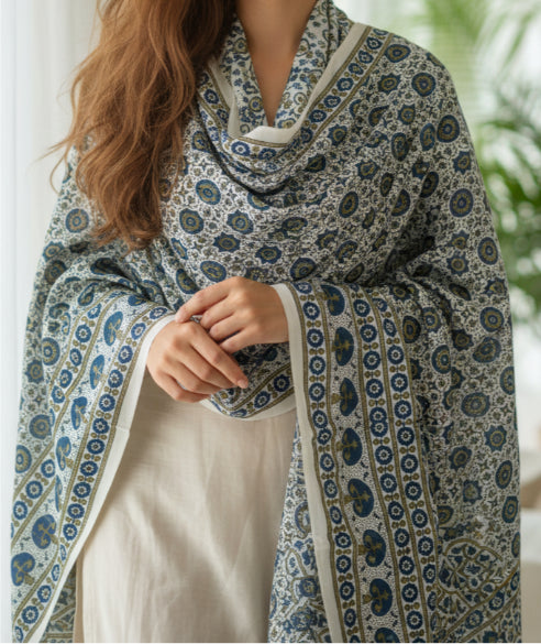Ajrakh Hand Block Print Grey Color Viscose Stole | Traditional Geometric Print | L220 X W55 cm