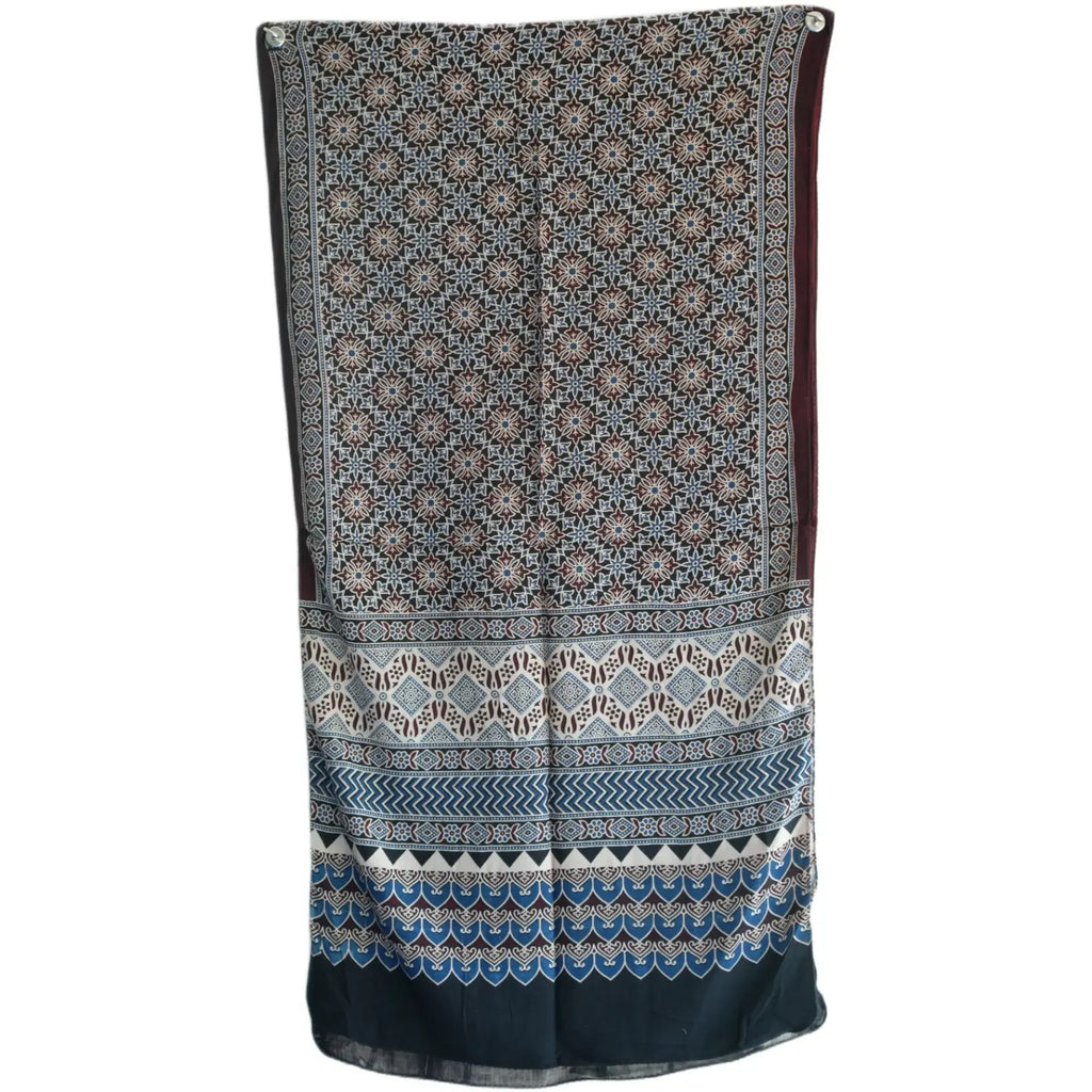 Ajrakh Hand Block Print Grey Color Viscose Stole | Traditional Geometric Print | L220 X W55 cm