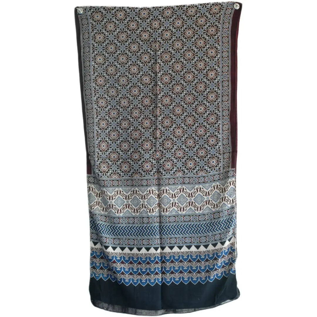 Ajrakh Hand Block Print Grey Color Viscose Stole | Traditional Geometric Print | L220 X W55 cm
