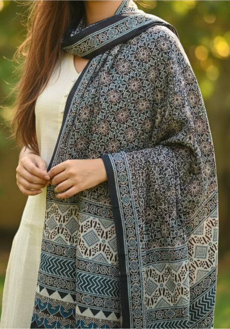 Ajrakh Hand Block Print Grey Color Viscose Stole | Traditional Geometric Print | L220 X W55 cm