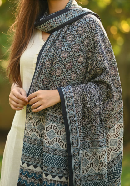 Ajrakh Hand Block Print Grey Color Viscose Stole | Traditional Geometric Print | L220 X W55 cm