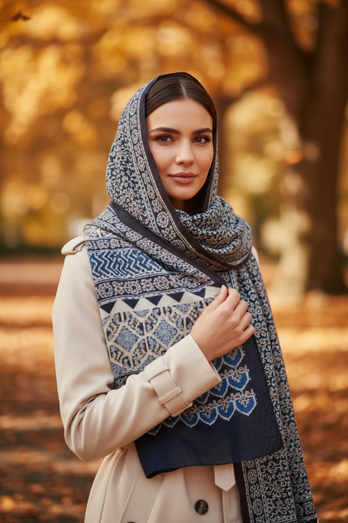 Ajrakh Hand Block Print Grey Color Viscose Stole | Traditional Geometric Print | L220 X W55 cm