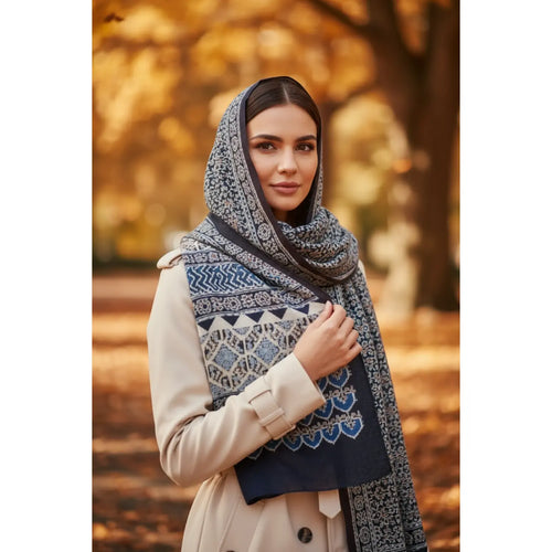 Ajrakh Hand Block Print Grey Color Viscose Stole | Traditional Geometric Print | L220 X W55 cm