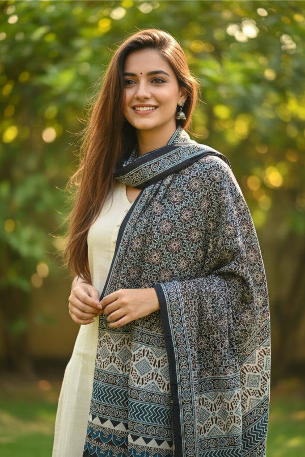 Ajrakh Hand Block Print Grey Color Viscose Stole | Traditional Geometric Print | L220 X W55 cm