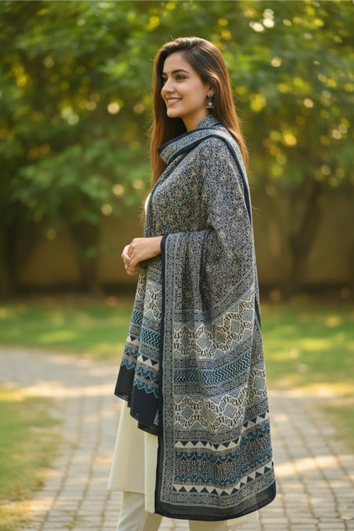 Ajrakh Hand Block Print Grey Color Viscose Stole | Traditional Geometric Print | L220 X W55 cm