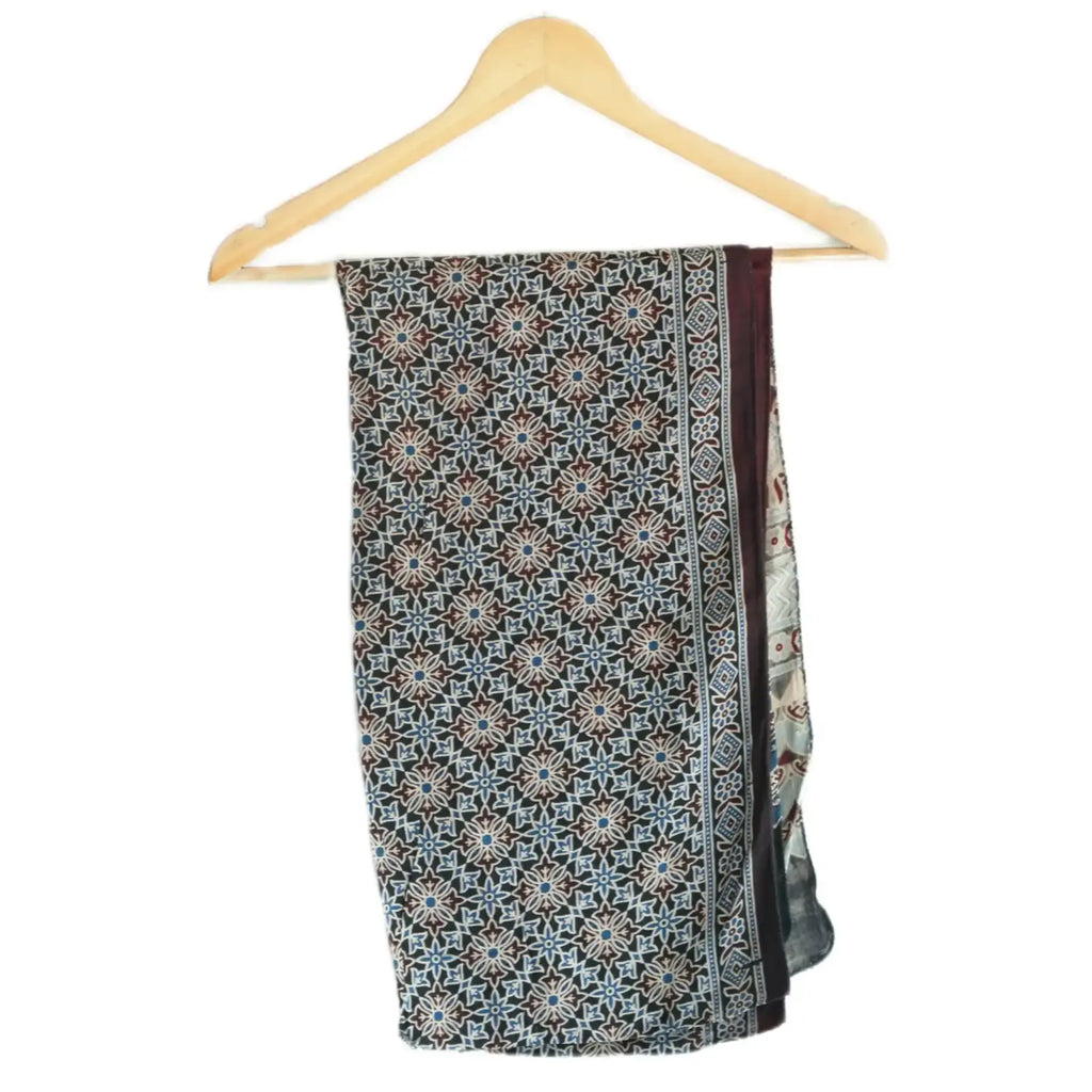 Ajrakh Hand Block Print Grey Color Viscose Stole | Traditional Geometric Print | L220 X W55 cm