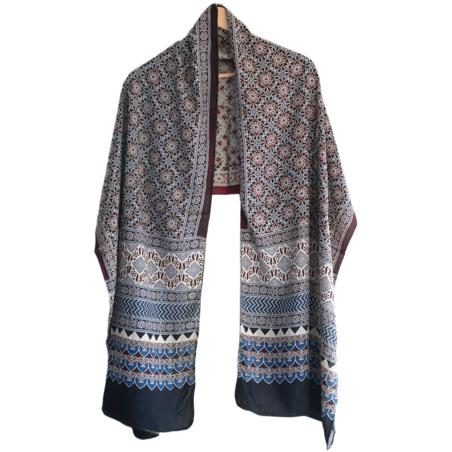 Ajrakh Hand Block Print Grey Color Viscose Stole | Traditional Geometric Print | L220 X W55 cm