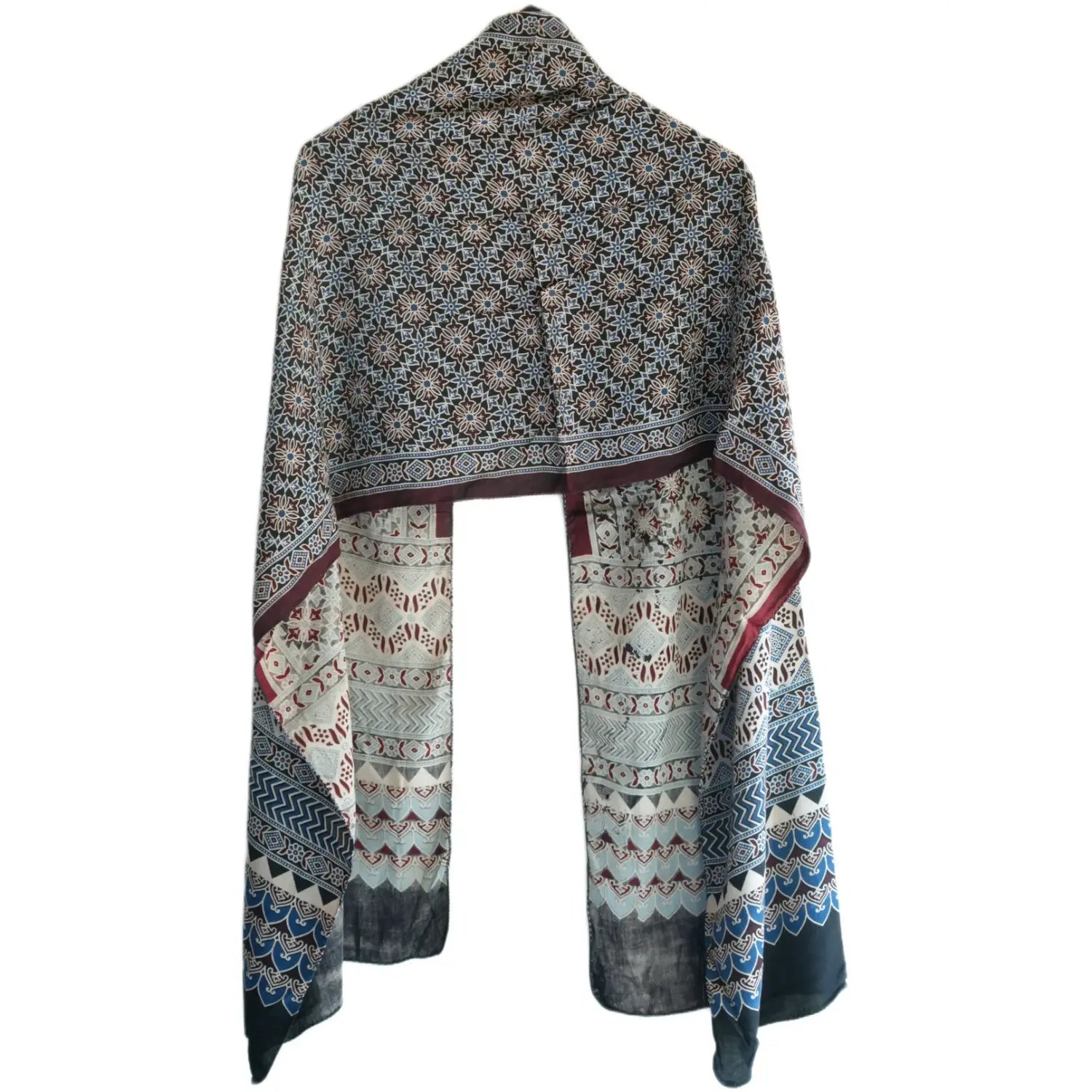 Ajrakh Hand Block Print Grey Color Viscose Stole | Traditional Geometric Print | L220 X W55 cm
