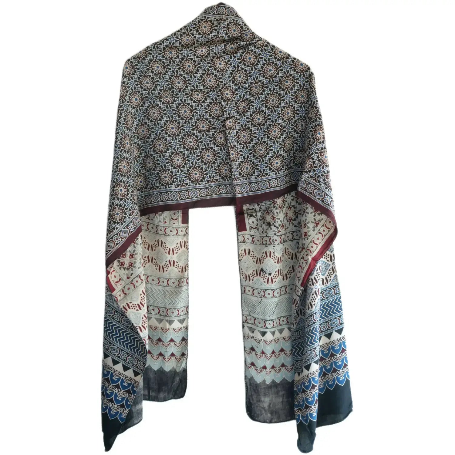 Ajrakh Hand Block Print Grey Color Viscose Stole | Traditional Geometric Print | L220 X W55 cm