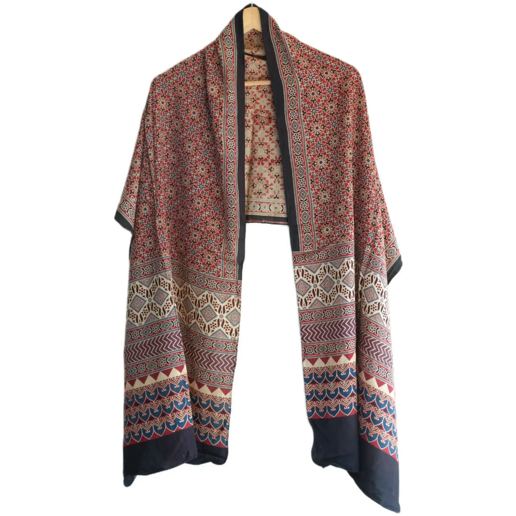 Ajrakh Hand Block Print Red Color Viscose Stole | Traditional Geometric Print | L220 X W55 cm