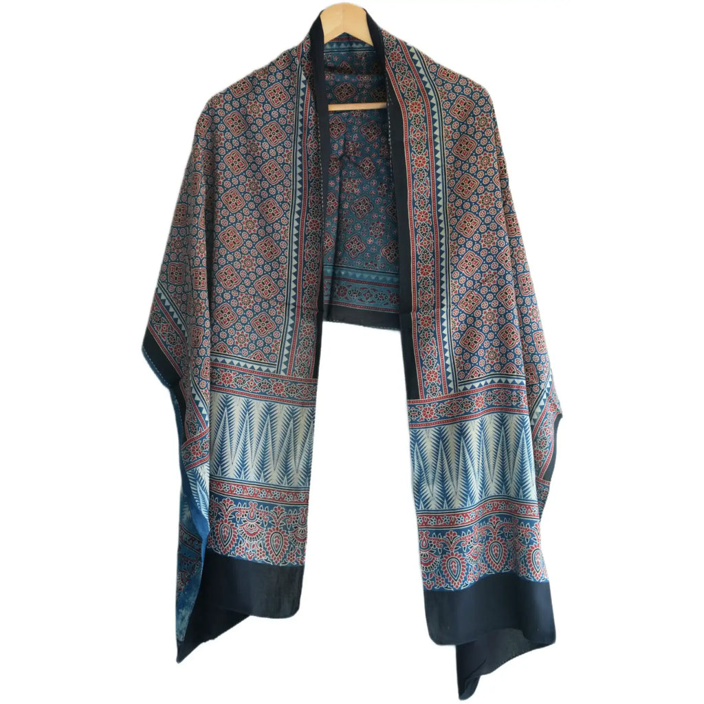 Ajrakh Hand Block Print Navy Color Viscose Stole | Traditional Geometric Print | L220 X W55 cm
