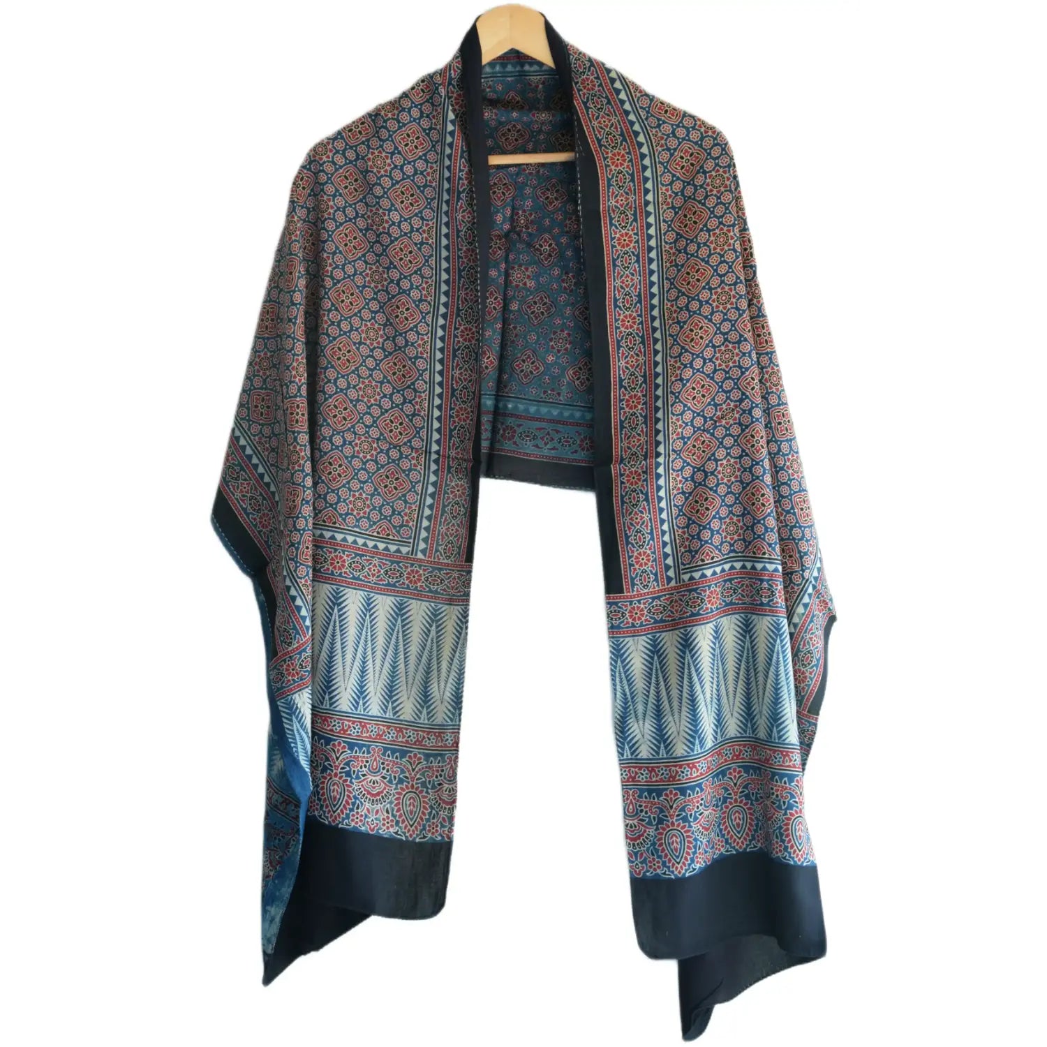 Ajrakh Hand Block Print Navy Color Viscose Stole | Traditional Geometric Print | L220 X W55 cm