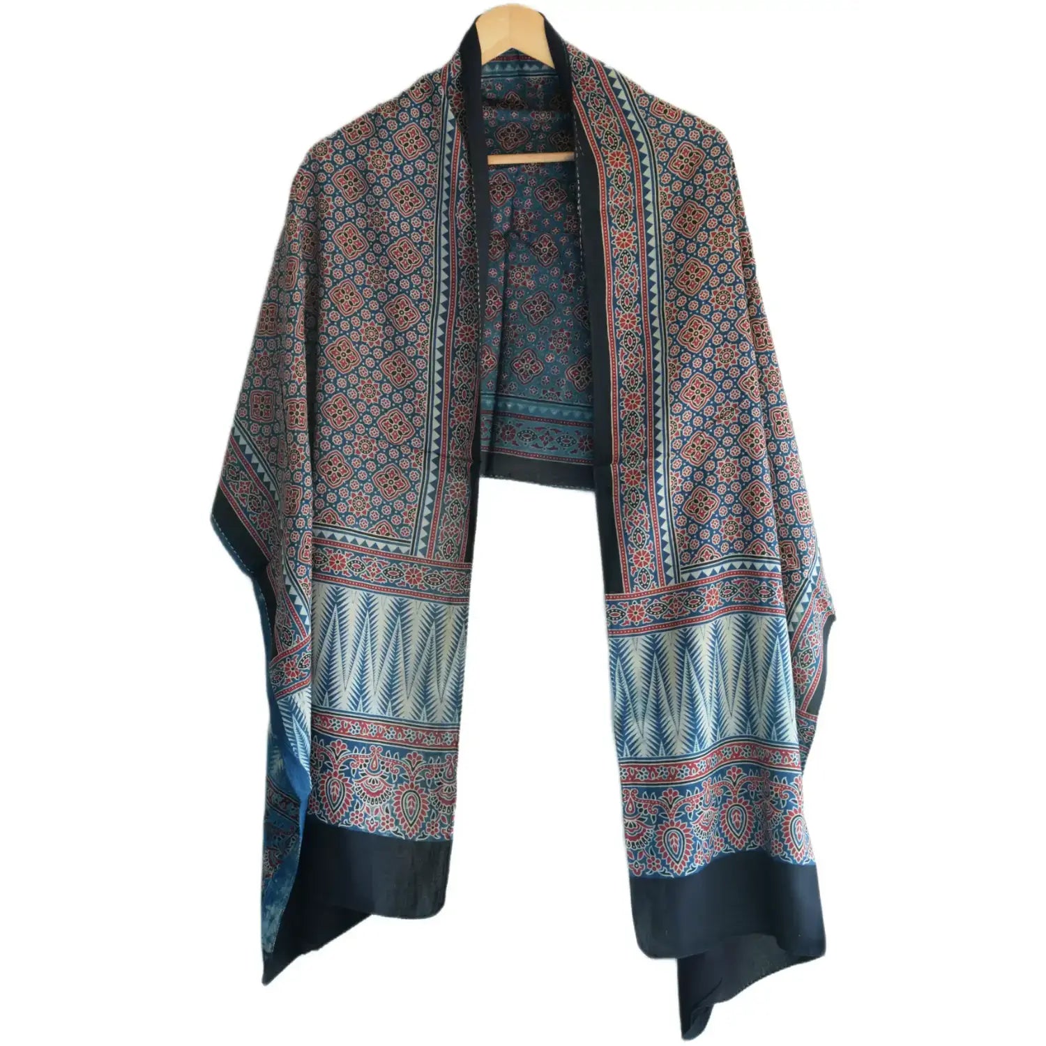Ajrakh Hand Block Print Navy Color Viscose Stole | Traditional Geometric Print | L220 X W55 cm
