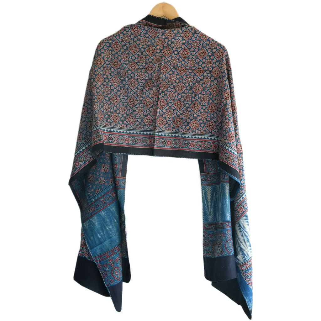 Ajrakh Hand Block Print Navy Color Viscose Stole | Traditional Geometric Print | L220 X W55 cm