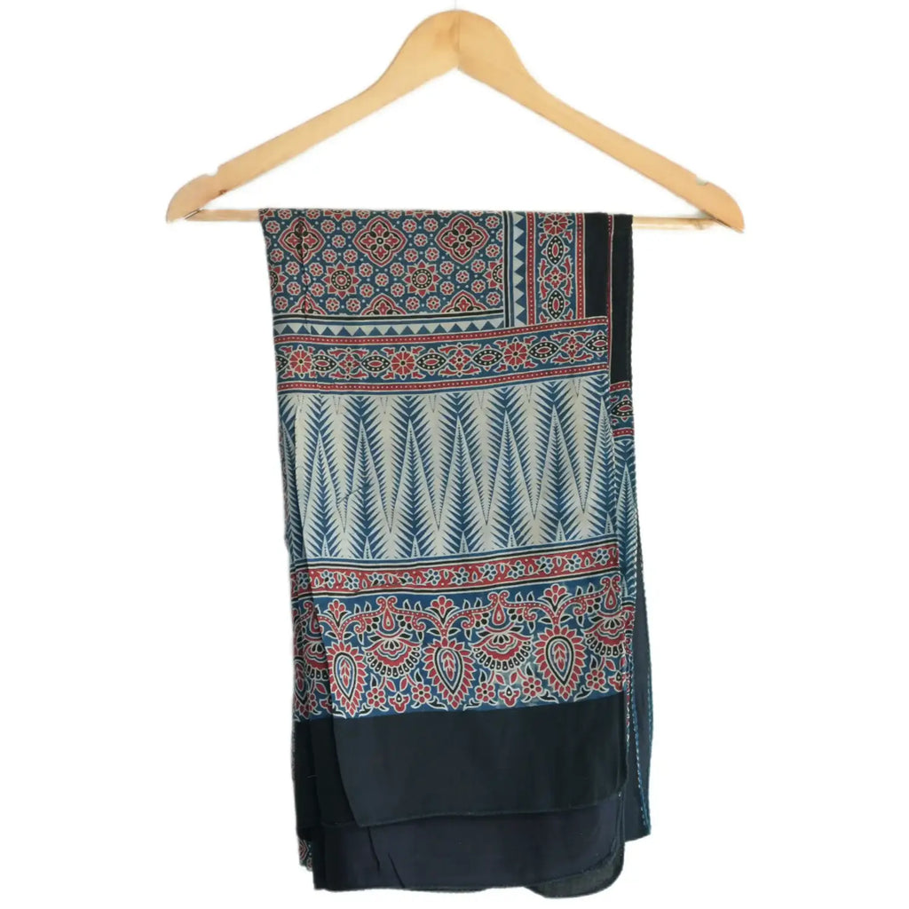 Ajrakh Hand Block Print Navy Color Viscose Stole | Traditional Geometric Print | L220 X W55 cm
