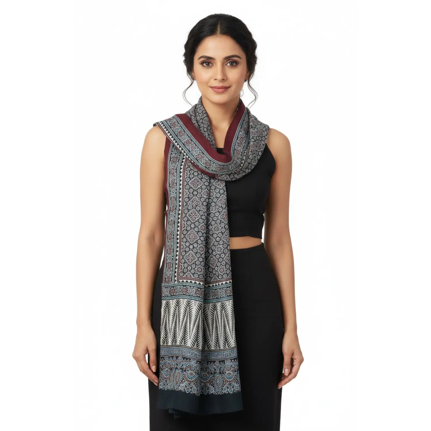 Ajrakh Hand Block Print Navy Color Viscose Stole | Traditional Geometric Print | L220 X W55 cm