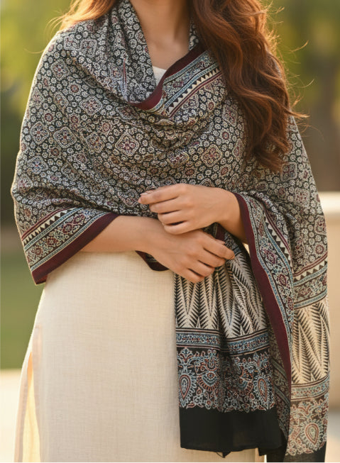 Ajrakh Hand Block Print Navy Color Viscose Stole | Traditional Geometric Print | L220 X W55 cm