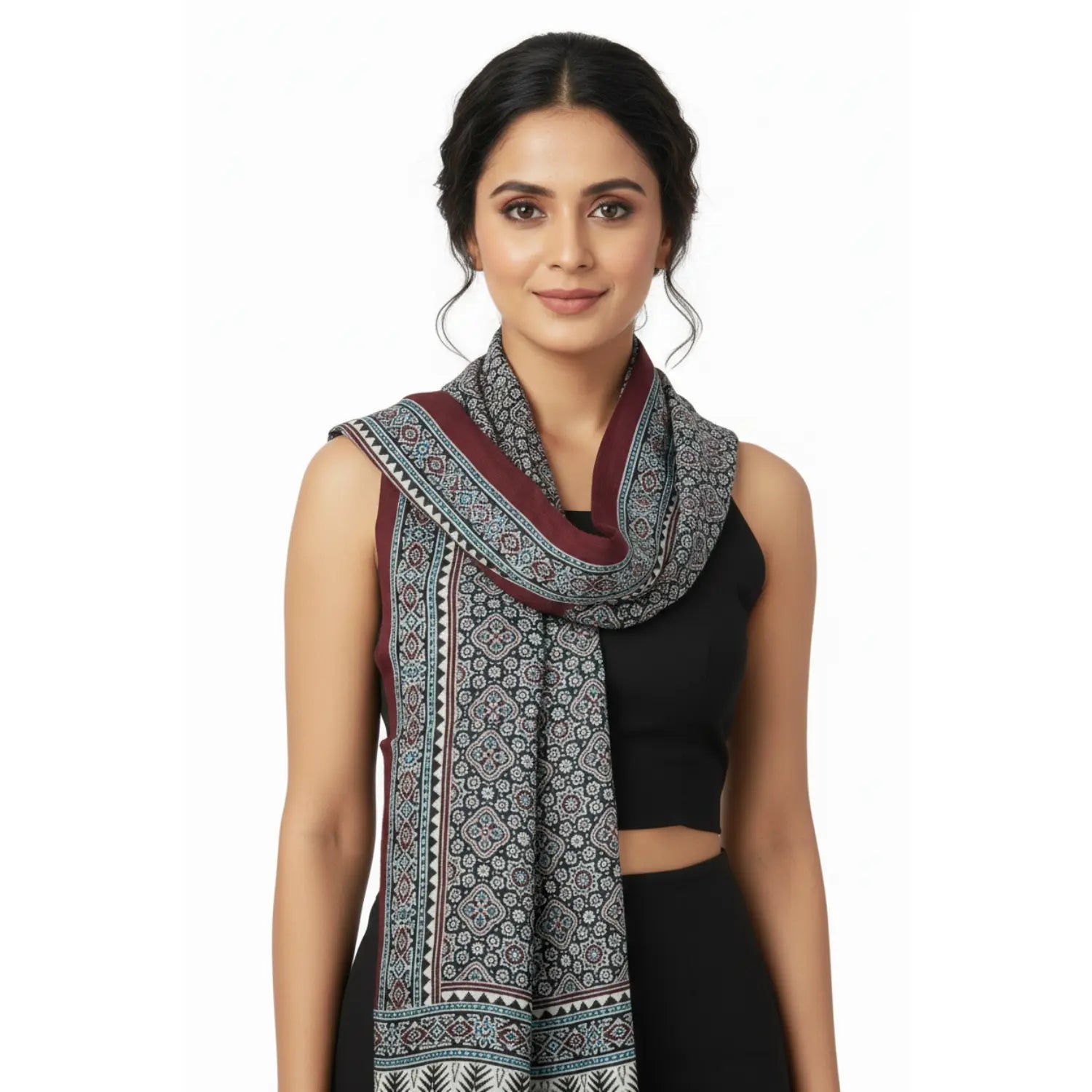 Ajrakh Hand Block Print Navy Color Viscose Stole | Traditional Geometric Print | L220 X W55 cm