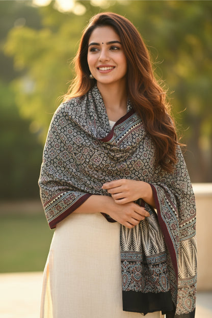 Ajrakh Hand Block Print Navy Color Viscose Stole | Traditional Geometric Print | L220 X W55 cm