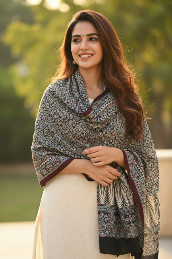Ajrakh Hand Block Print Navy Color Viscose Stole | Traditional Geometric Print | L220 X W55 cm