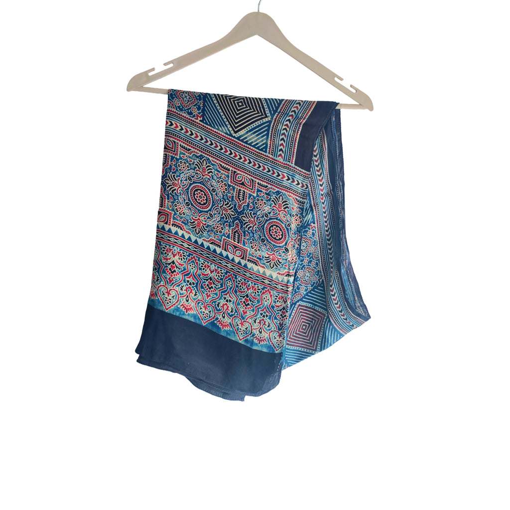 Ajrakh Hand Block Printed Modal Silk Stole – Light And Dark Blue Floral, 210x55cm