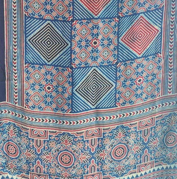 Ajrakh Hand Block Printed Modal Silk Stole – Light And Dark Blue Floral, 210x55cm