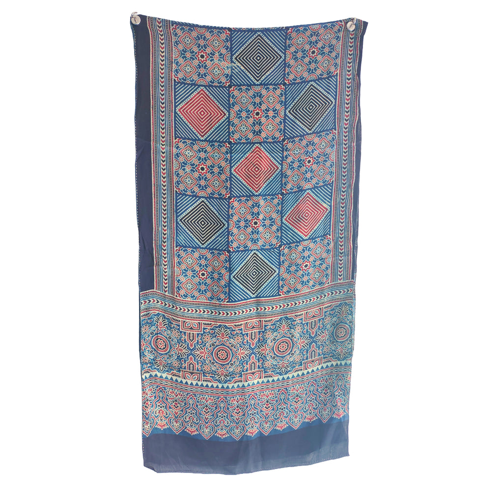Ajrakh Hand Block Printed Modal Silk Stole – Light And Dark Blue Floral, 210x55cm