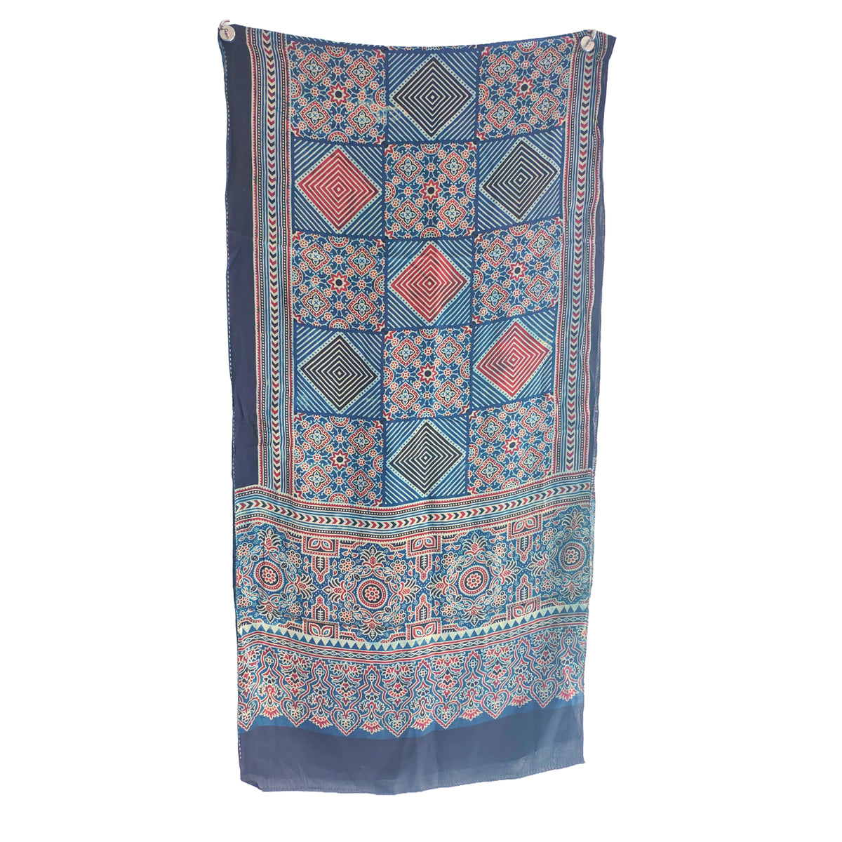 Ajrakh Hand Block Printed Modal Silk Stole – Light And Dark Blue Floral, 210x55cm