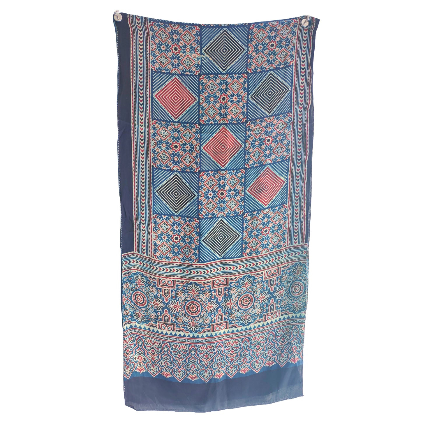 Ajrakh Hand Block Printed Modal Silk Stole – Light And Dark Blue Floral, 210x55cm