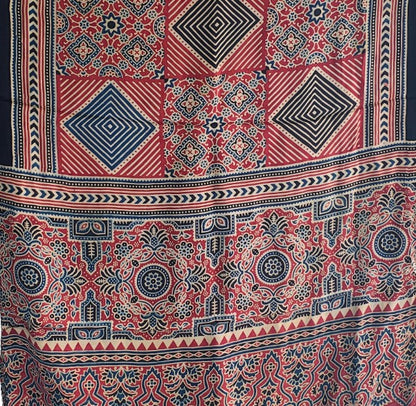 Ajrakh Hand Block Printed Modal Silk Stole – Maroon And Black Floral, 210x55cm
