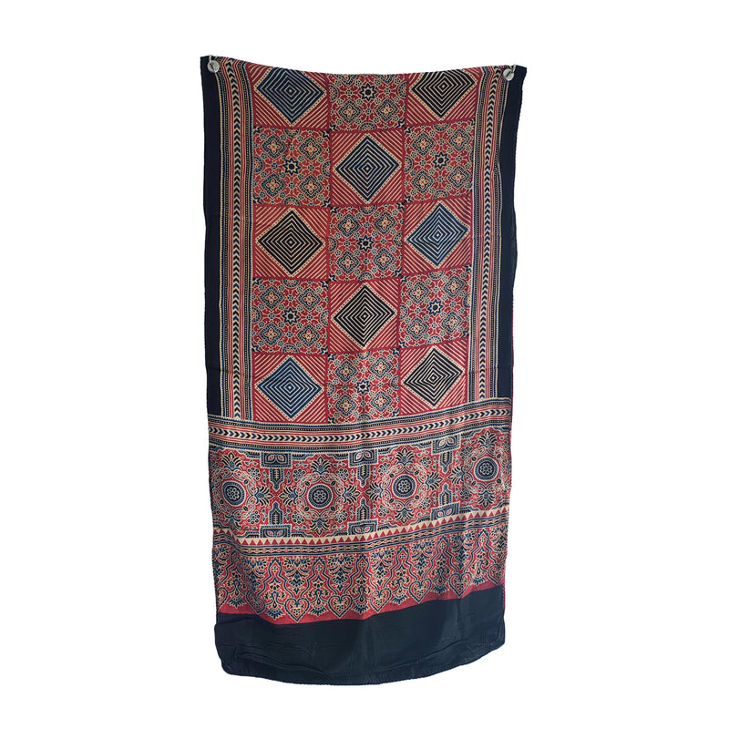 Ajrakh Hand Block Printed Modal Silk Stole – Maroon And Black Floral, 210x55cm