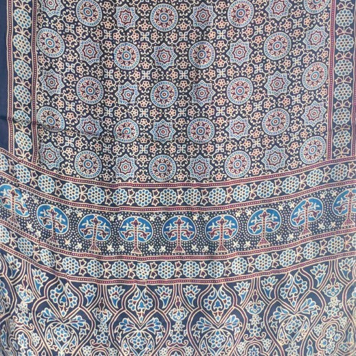Ajrakh Hand Block Printed Modal Silk Stole – Navy blue Floral, 210x55cm