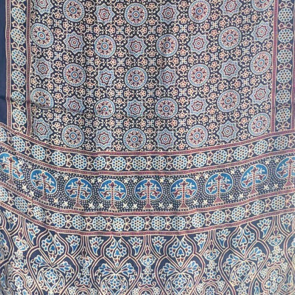 Ajrakh Hand Block Printed Modal Silk Stole – Navy blue Floral, 210x55cm