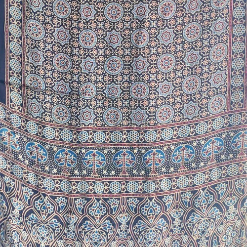 Ajrakh Hand Block Printed Modal Silk Stole – Navy blue Floral, 210x55cm